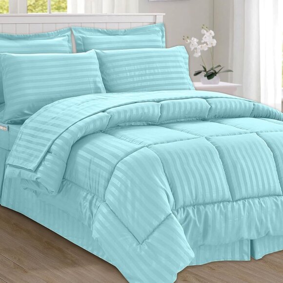 New 8 Piece DoubleQueen (DQ) Size Bed In A Bag Comforter Set • Light Blue - Picture 1 of 5